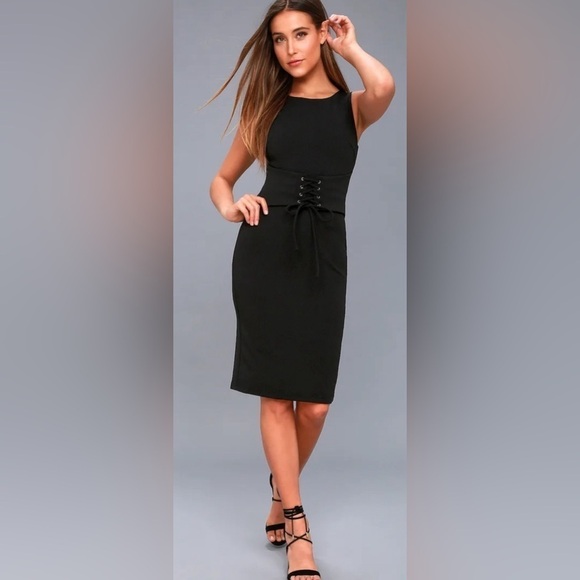 NWT Lulus Bodycon Lace Up Waist “Say So” Black Midi Dress - Picture 2 of 8